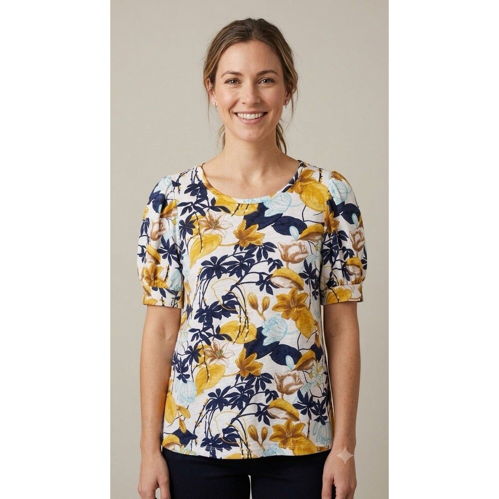 Chico's Floral Puff Sleeve Top L Boho Botanical Cotton Modal Blouse Tee Navy